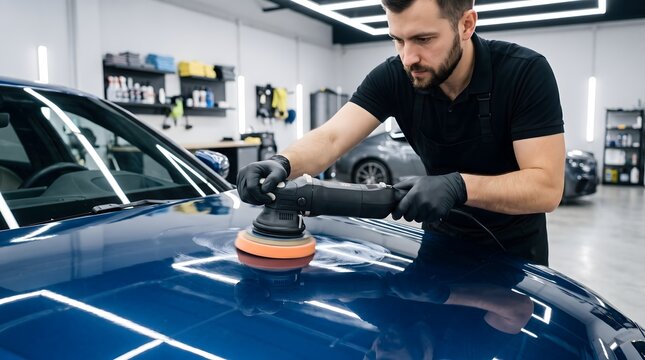 Professional technician polishing blue car hood with orbital buffer