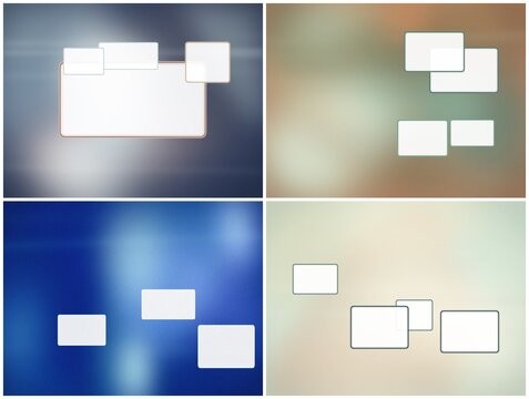 Multiple empty rounded panels drift across a soft blue gradient glow, suggesting messaging layouts and offering serene space for headlines or UI ideas.