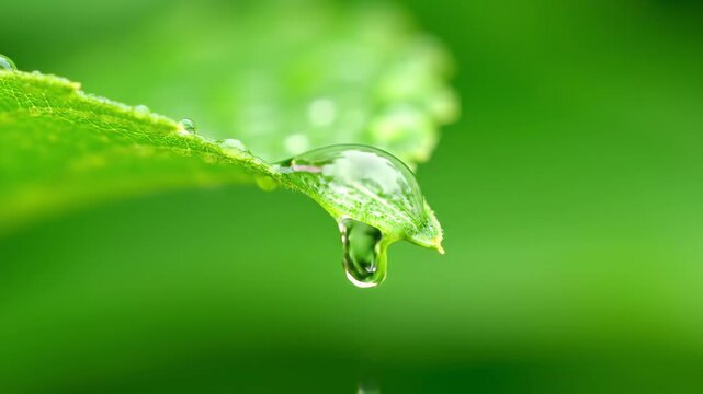 Close-up of crystal water droplets on green leaves, close-up of dew droplets on green leaves