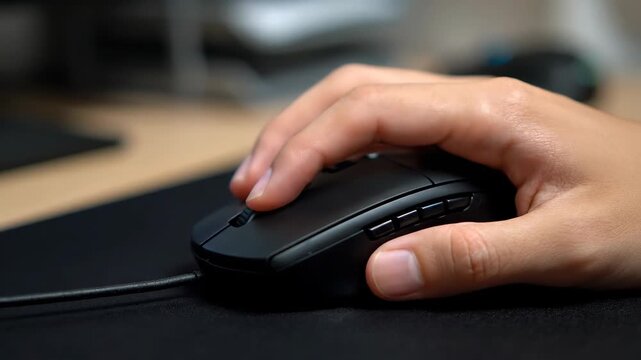 Close-up of a wired mouse operated by hand, close-up of a mouse operated by an office worker