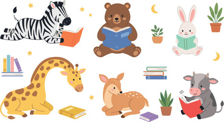Obraz premium Cute Animals Reading Books Vector Character Set Featuring Zebra Bear Bunny Giraffe Deer and Cow Icons for Kids School and Library Graphic Designs