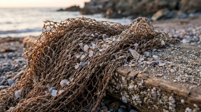 Fishing net with shells on beach.