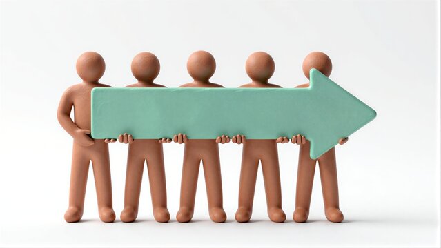 Group of clay figures holding a green arrow pointing forward, symbolizing direction or progress.