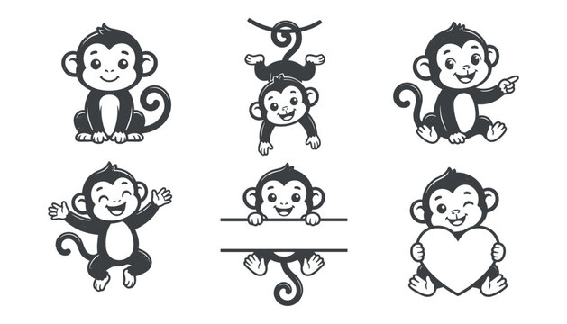 Cute cartoon monkey character collection set with various poses and emotions black outline vector illustrations isolated on white background