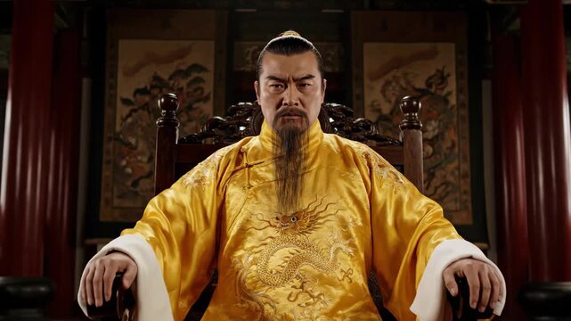 The emperor in ancient costume sat on a palace chair and raised his hand to signal the action