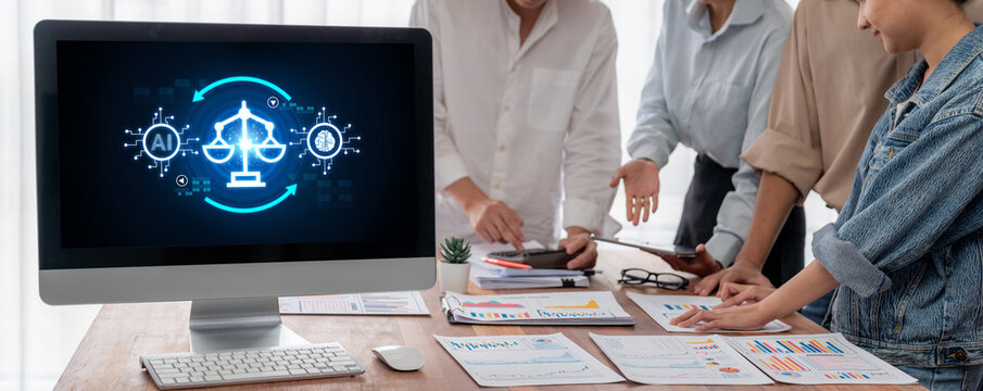 AI ethics responsibility standard law and rules on computer screen provide report of AI ethic transparency preventing technology crime. brisk