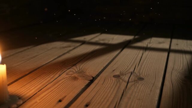 Cinematic Warm Candlelight on Rustic Wooden Table with Window Shadows and Floating Dust Loop
