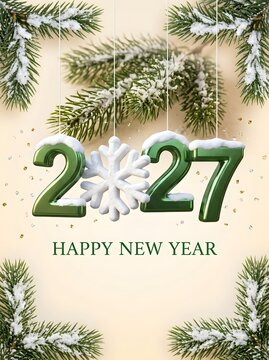 Elegant vertical New Year 2027 poster framed with snow-covered pine tree branches, featuring glossy green numbers and a central white snowflake.