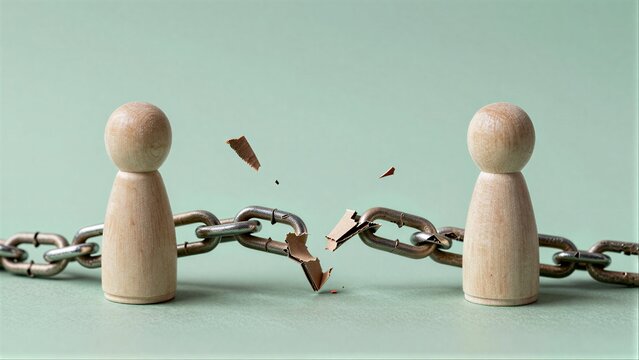 Two wooden figures break a chain, symbolizing freedom from constraints.