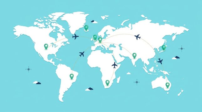 Global travel routes with connecting flight paths and location markers on world map