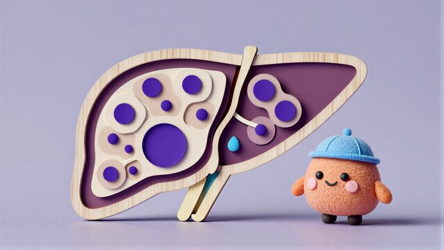 Cute plush toy stands beside stylized liver model with colorful internal structures.