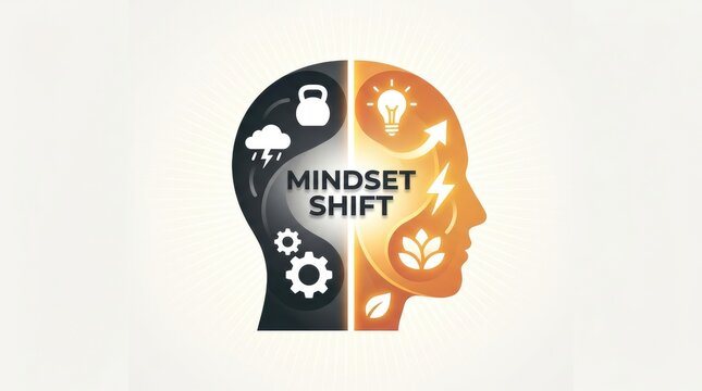 Human head illustrating mindset shift from negative to positive thinking with icons
