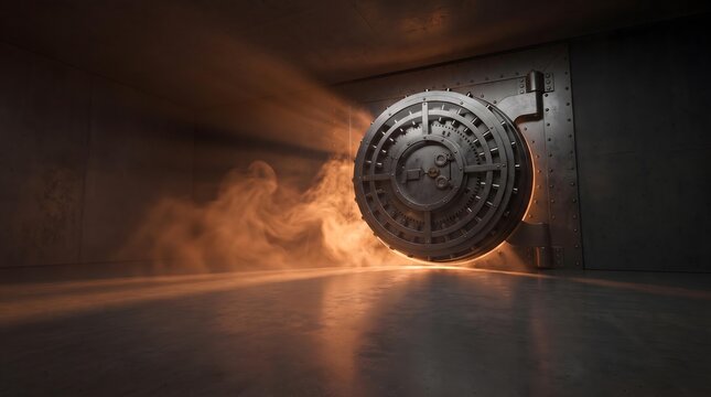 Large bank vault door glowing in dark concrete tunnel.