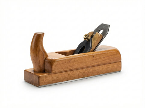 Traditional wooden hand plane with metal blade and brass adjustment screw, isolated on a white background, for woodworking and carpentry