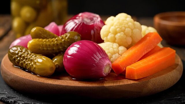 Close-up of pickled vegetables on a wooden platter, close-up of a pickled vegetable platter