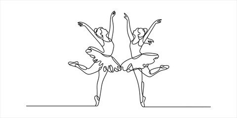 Two elegant ballet dancers performing a graceful dance in a continuous line art style © VANU