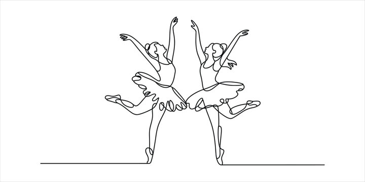 Two elegant ballet dancers performing a graceful dance in a continuous line art style