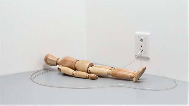 Wooden mannequin lies on floor, plugged into wall socket as if charging.