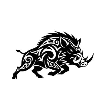 A striking black tribal tattoo design of a wild boar in motion, showcasing intricate swirling patterns and sharp tusks.