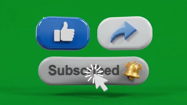 Social media subscribe button with thumbs up and share icon animation for online video channel marketing footage