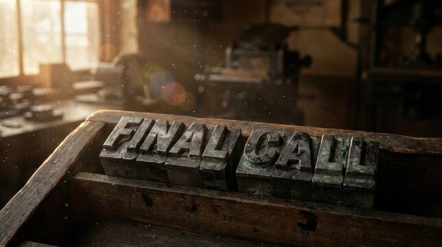 Metal type blocks spelling final call on wooden surface in dimly lit workshop