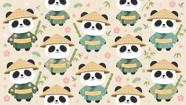 A seamless pattern featuring pandas wearing green kimonos and Asian-style woven hats against a cream background, adorned with bamboo branches and cherry blossoms.