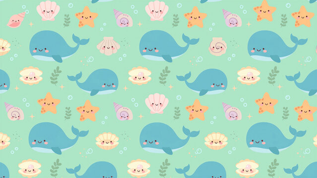 A seamless underwater-themed pattern on a mint green background, featuring little whales, starfish, seashells, and pearl oysters.