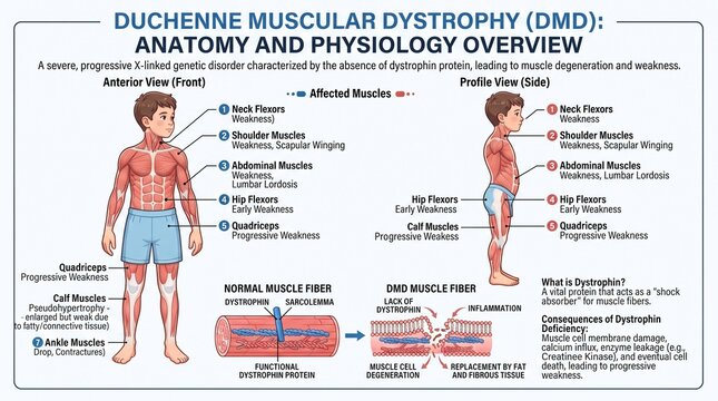 Educational Medical Illustration Showing Muscular Dystrophy Anatomy and Physiology Overview