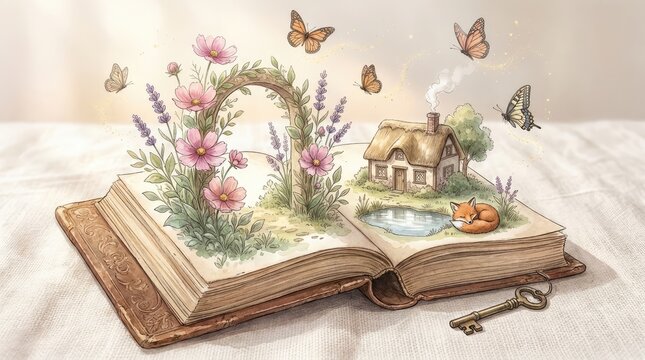 Open book with displays illustrated countryside