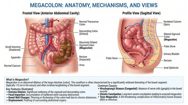 Medical Illustration Showing Megacolon Anatomy Mechanisms and Cross Sectional Views for Clinical