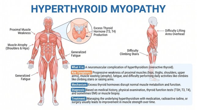 Medical Infographic Illustrating Hyperthyroid Myopathy with Human Anatomy Diagrams