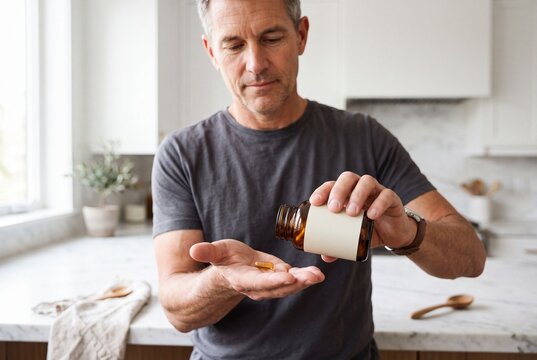 Mature Man Pouring Vitamins and Dietary Supplements from Bottle into Hand in Kitchen