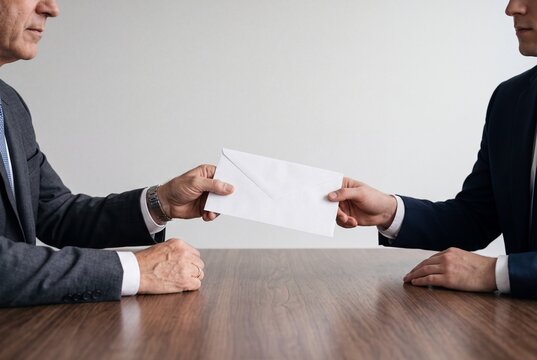 Businessman Handing White Envelope to Employee Across Office Desk