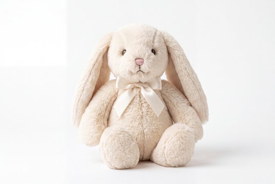 Cute Cream Plush Stuffed Bunny Toy with Long Floppy Ears and Satin Bow