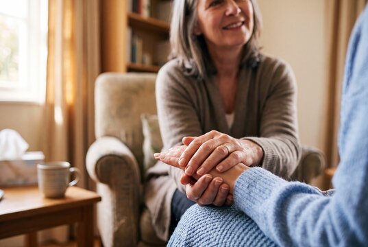 Counselor Holding Hands with Patient Offering Comfort in Therapy Session