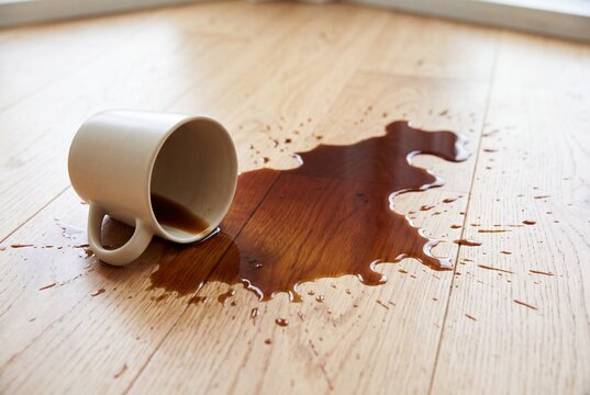 Spilled Coffee Mug on Light Wooden Floor Showing Liquid Stain