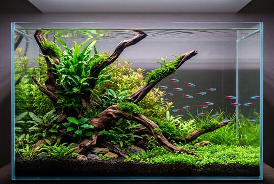 Aquascaped Freshwater Aquarium Layout with Driftwood and Green Plants