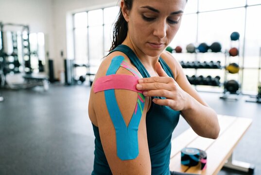 Female Athlete Applying Kinesiology Tape on Shoulder in Gym