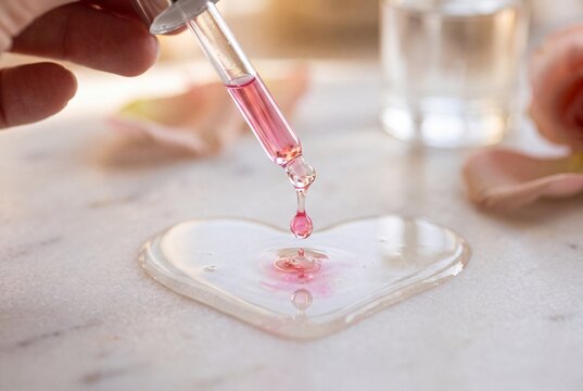 Cosmetic Dropper Dispensing Pink Essence Drop Into Heart Shaped Puddle