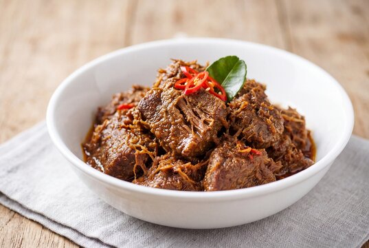 Traditional Indonesian Beef Rendang Spicy Meat Dish in White Bowl