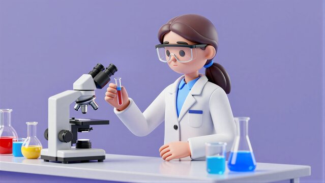Lab scientist examines red liquid in test tube near microscope and beakers.