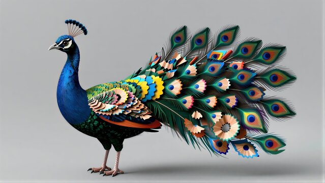 A vibrant, artistic peacock with colorful pencil-sharpener tail feathers stands proudly.
