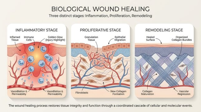 Biological process of wound healing through three stages in skin tissue