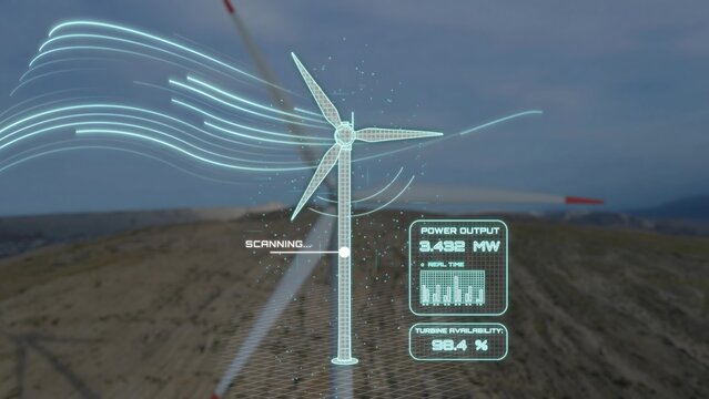 Aerial view of Wind Turbine Digital Twin With Airflow Simulation and Performance Data