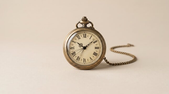 Pocket watch with an attached metal chain lies on a plain beige surface.