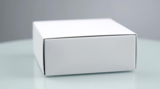 Close-up of a white square box, with a rotating display of the white box