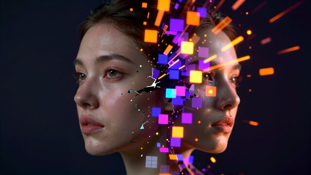 Human face split by glowing digital cubes and vibrant data streams against dark background.