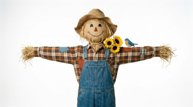 Friendly scarecrow stands isolated clearly against clean white background surface