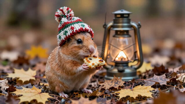 Adorable hamster in a festive hat munches cookies beside a glowing lantern.