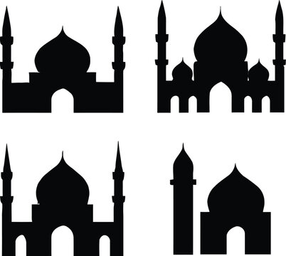 Black silhouettes of iconic taj mahal architecture set against a white background